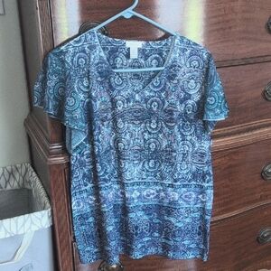 Chico's Blue and White Short Flutter Sleeve Blouse